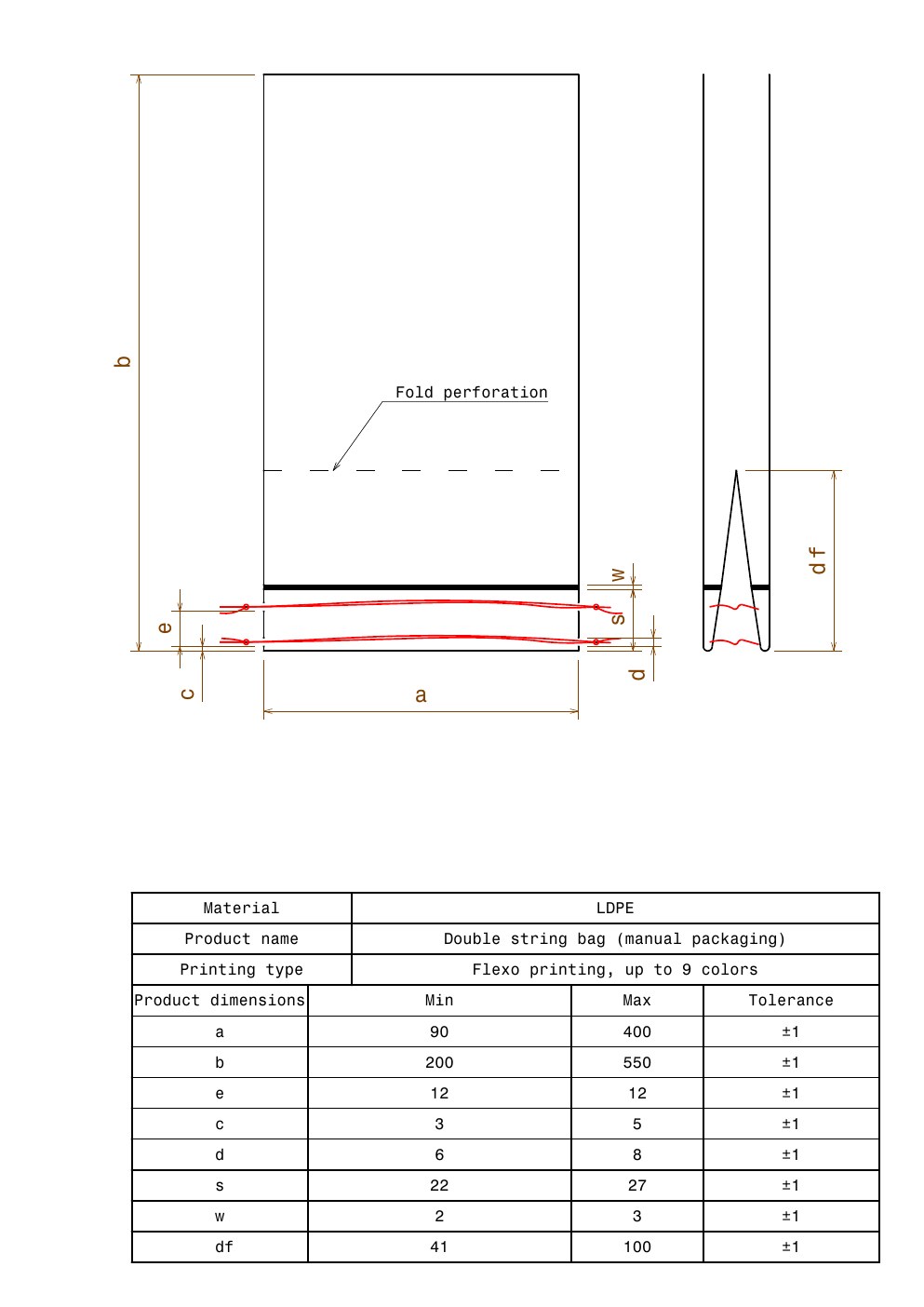 Technical drawing preview for Double String Bag — Manual Packaging