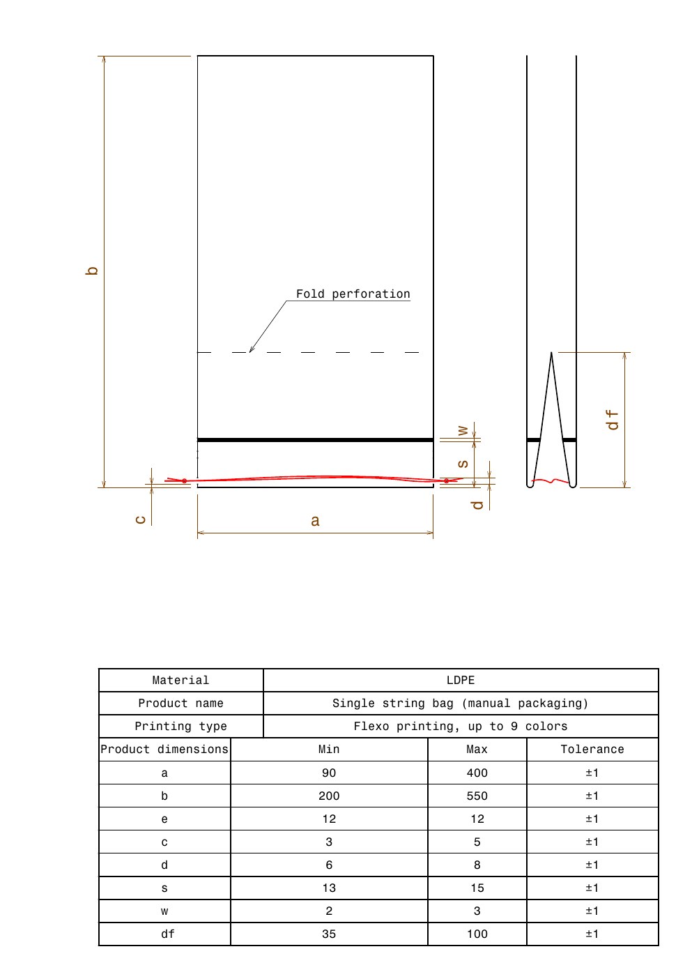 Technical drawing preview for Single String Bag — Manual Packaging