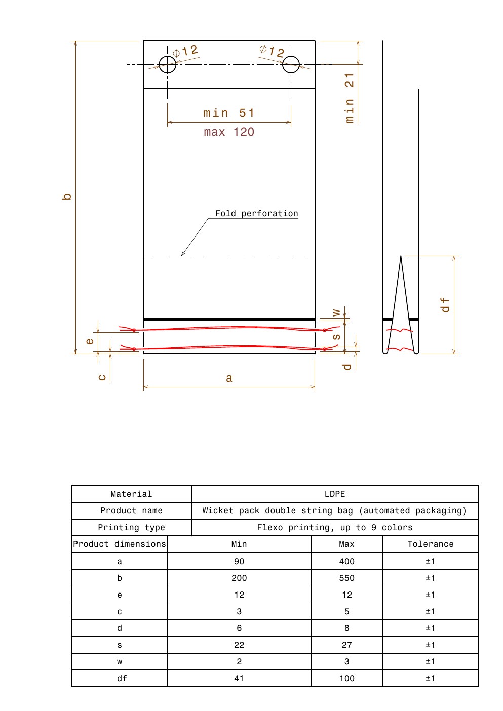 Technical drawing preview for Wicket Pack Double String Bag — Automated Packaging