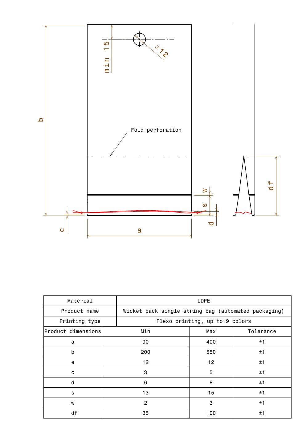 Technical drawing preview for Wicket Pack Single String Bag — Automated Packaging
