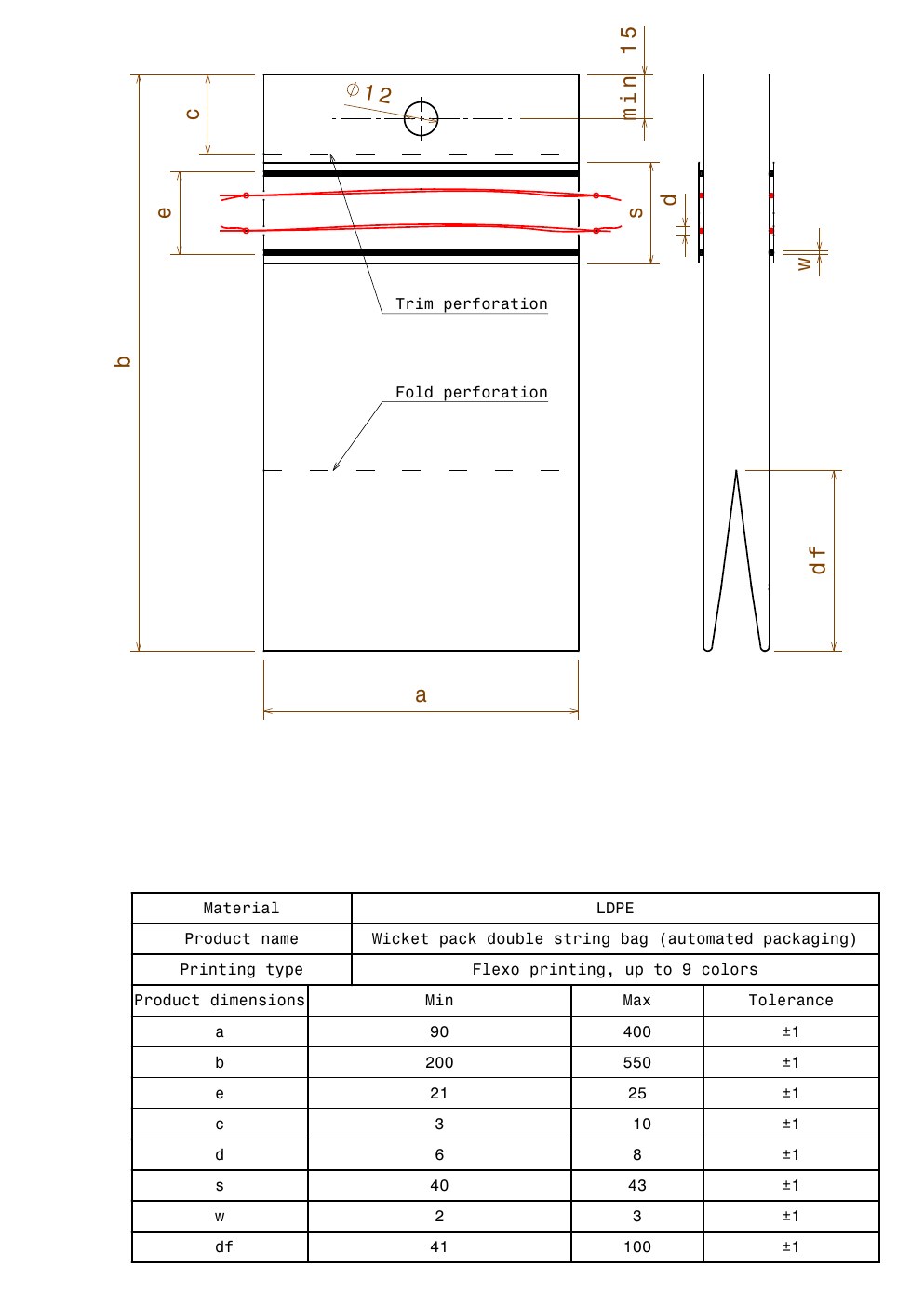 Technical drawing preview for Wicket Pack Double String Bag — Automated Packaging (Type B)