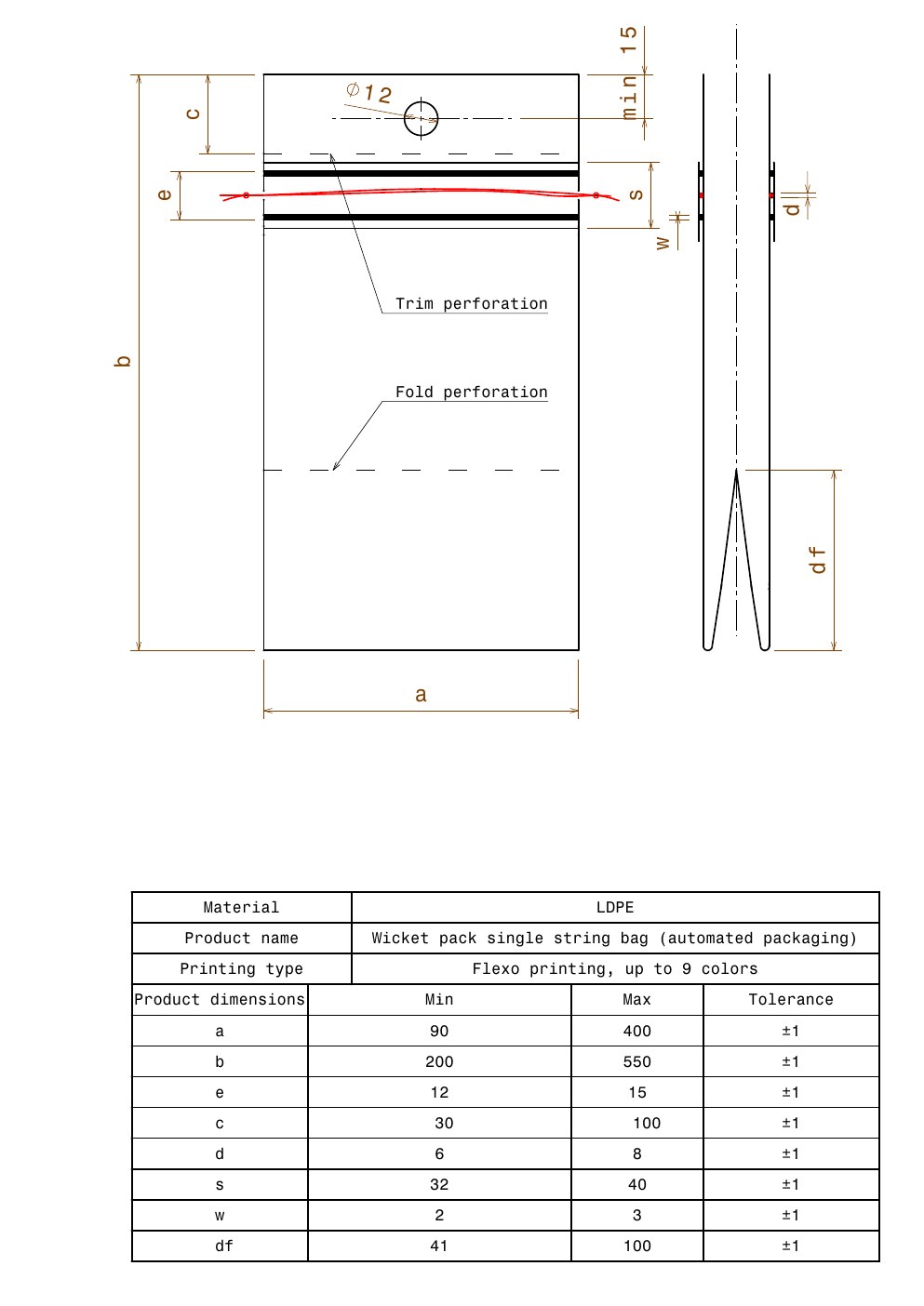 Technical drawing preview for Wicket Pack Single String Bag — Automated Packaging (Trim Perforation)