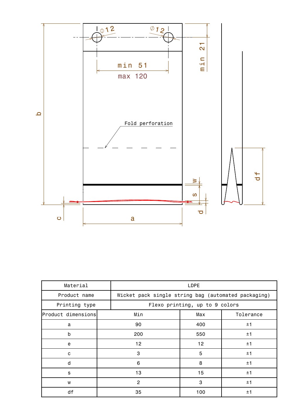 Technical drawing preview for Wicket Pack Single String Bag — Automated Packaging (Standard)