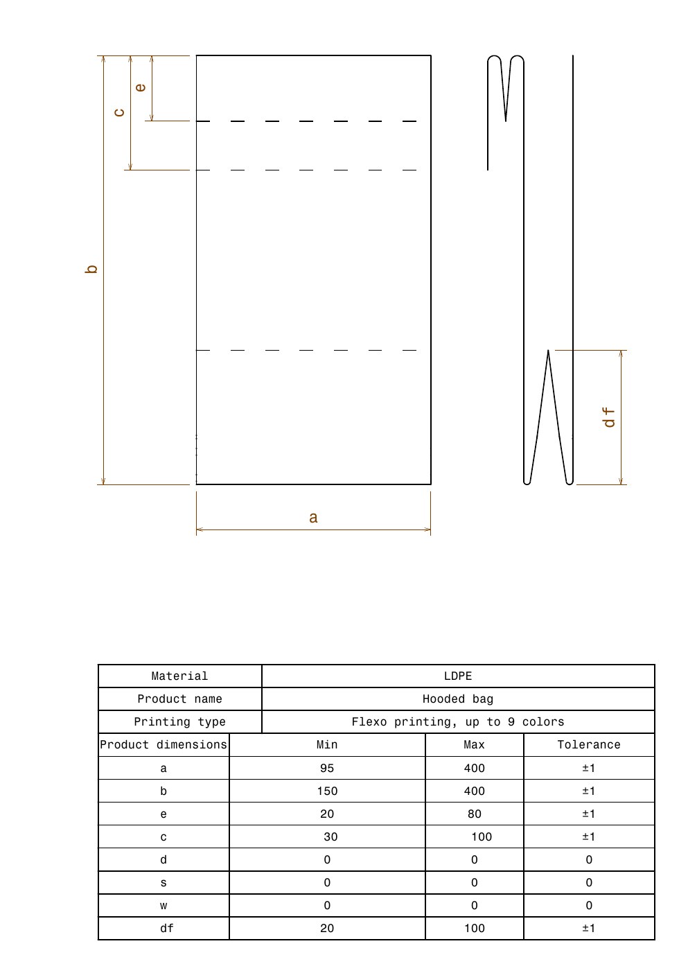 Technical drawing preview for Hooded Bag