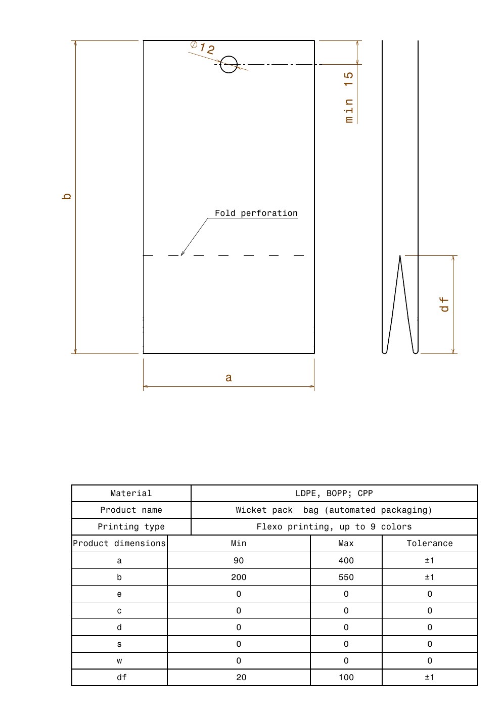 Technical drawing preview for Wicket Pack Bag — Automated Packaging