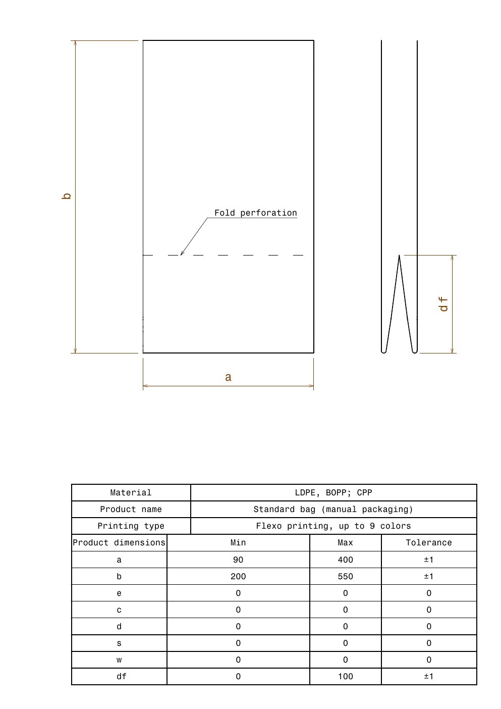 Technical drawing preview for Standard Bag — Manual Packaging