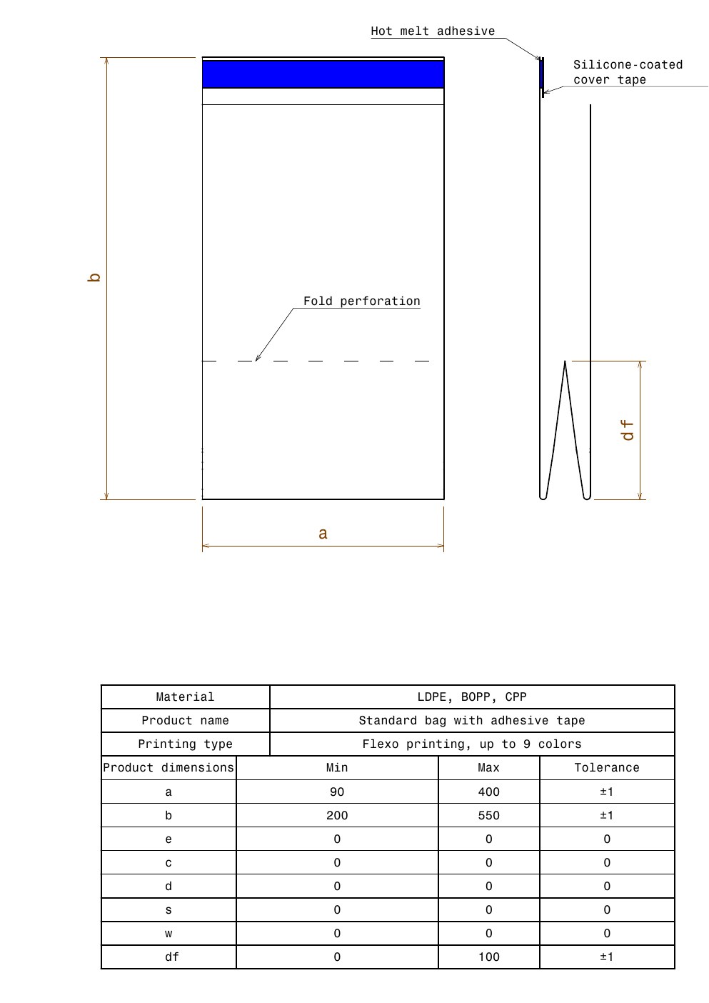 Technical drawing preview for Standard Bag with Adhesive Tape